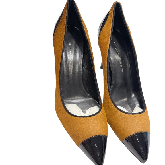 Giuseppe Zanotti Italy Heels Camel Pony Hair W/ Black Patent Toe Sz US 5  NIB - Picture 2 of 15